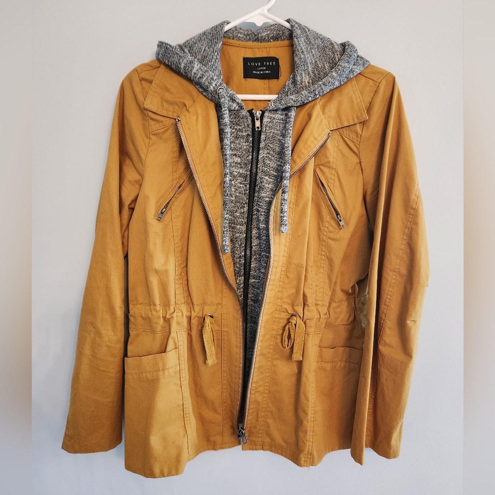Love Tree Women's Mustard Utility Jacket with Gray Hoodie. SIZE L